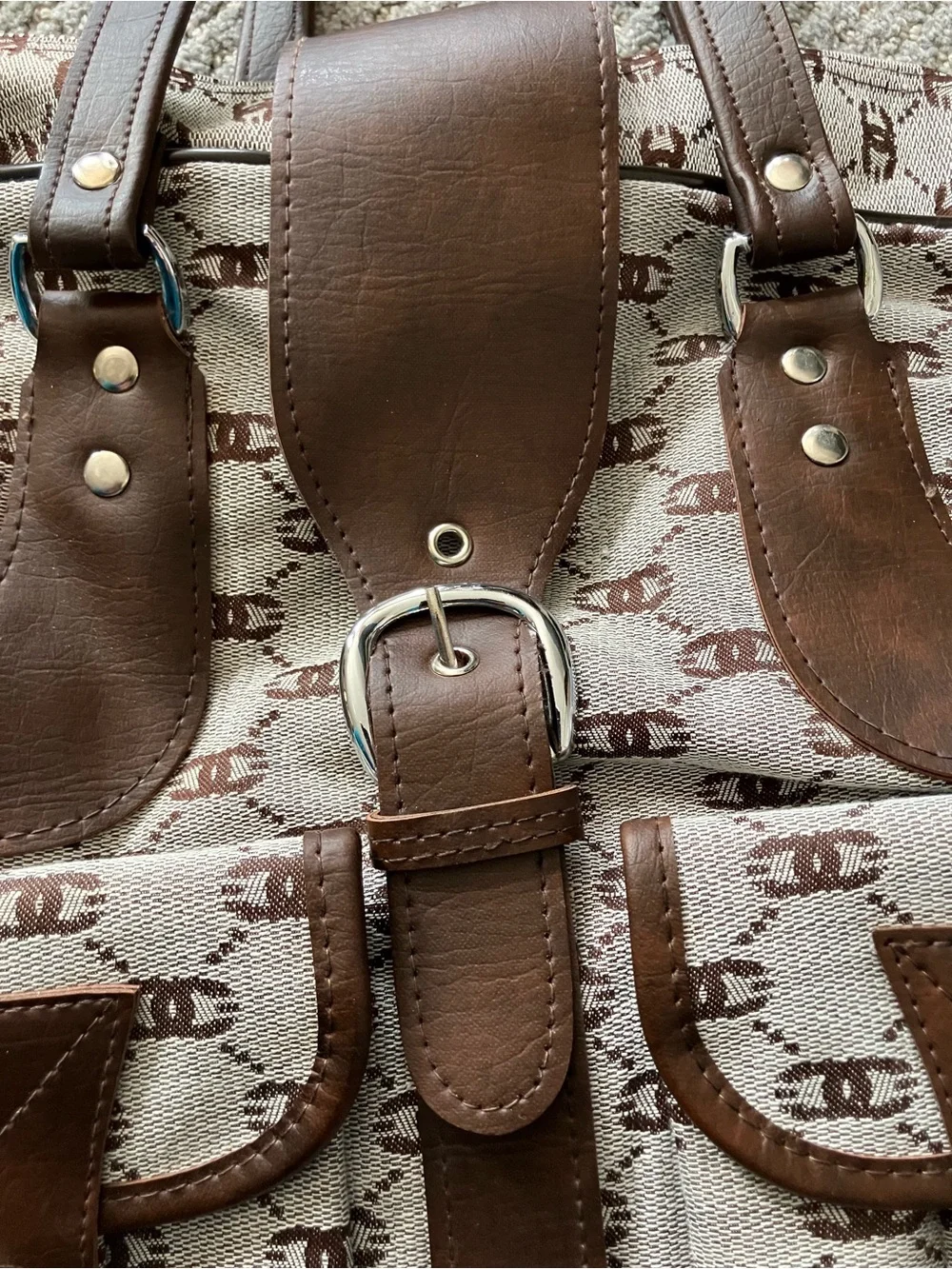 Brown Patterned Canvas Travel Tote Bag with Leather Trim
